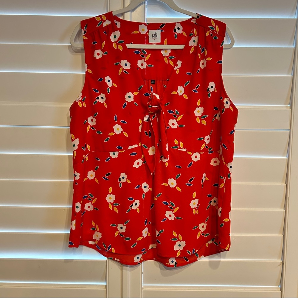 Cabi Floral Print Tie Front Sleeveless Blouse Red Multi Size Large